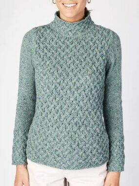 Irelands Eye Wool Cashmere Women's Trellis Sweater XL Ocean Mist Cable Knit